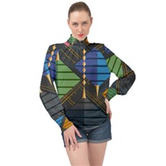 Background Colors Non Seamless High Neck Long Sleeve Chiffon Top