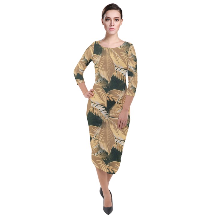 Scrapbook Leaves Decorative Quarter Sleeve Midi Velour Bodycon Dress