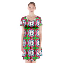 Squares Square Pattern Short Sleeve V-neck Flare Dress by Nexatart