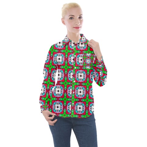 Squares Square Pattern Women s Long Sleeve Pocket Shirt by Nexatart