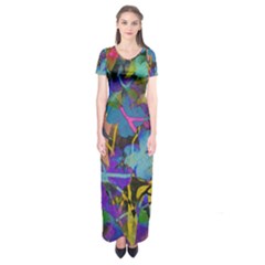 Flowers Abstract Branches Short Sleeve Maxi Dress