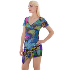 Flowers Abstract Branches Short Sleeve Asymmetric Mini Dress