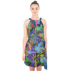 Flowers Abstract Branches Halter Collar Waist Tie Chiffon Dress