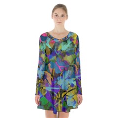 Flowers Abstract Branches Long Sleeve Velvet V-neck Dress