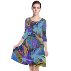 Flowers Abstract Branches Quarter Sleeve Waist Band Dress