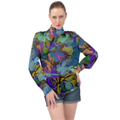 Flowers Abstract Branches High Neck Long Sleeve Chiffon Top