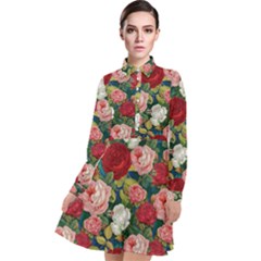 Roses Repeat Floral Bouquet Long Sleeve Chiffon Shirt Dress