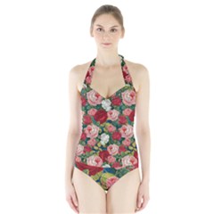 Roses Repeat Floral Bouquet Halter Swimsuit