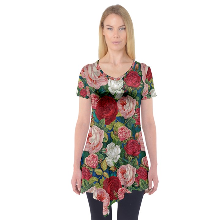 Roses Repeat Floral Bouquet Short Sleeve Tunic 