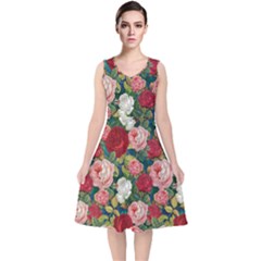 Roses Repeat Floral Bouquet V-neck Midi Sleeveless Dress 