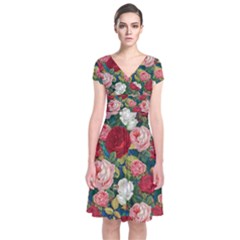 Roses Repeat Floral Bouquet Short Sleeve Front Wrap Dress