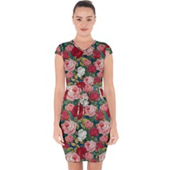 Roses Repeat Floral Bouquet Capsleeve Drawstring Dress 