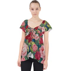 Roses Repeat Floral Bouquet Lace Front Dolly Top