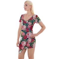 Roses Repeat Floral Bouquet Short Sleeve Asymmetric Mini Dress