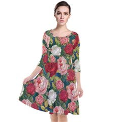 Roses Repeat Floral Bouquet Quarter Sleeve Waist Band Dress