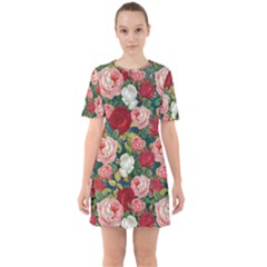 Roses Repeat Floral Bouquet Sixties Short Sleeve Mini Dress