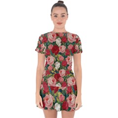 Roses Repeat Floral Bouquet Drop Hem Mini Chiffon Dress