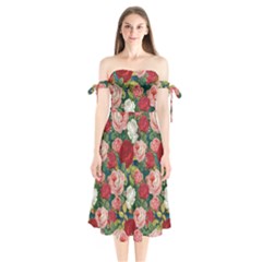 Roses Repeat Floral Bouquet Shoulder Tie Bardot Midi Dress