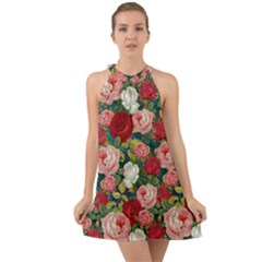 Roses Repeat Floral Bouquet Halter Tie Back Chiffon Dress