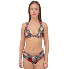 Roses Repeat Floral Bouquet Double Strap Halter Bikini Set