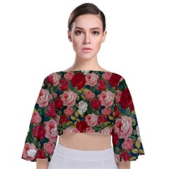 Roses Repeat Floral Bouquet Tie Back Butterfly Sleeve Chiffon Top