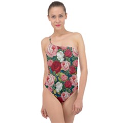 Roses Repeat Floral Bouquet Classic One Shoulder Swimsuit