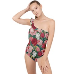 Roses Repeat Floral Bouquet Frilly One Shoulder Swimsuit