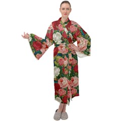 Roses Repeat Floral Bouquet Maxi Tie Front Velour Kimono