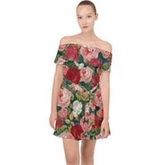 Roses Repeat Floral Bouquet Off Shoulder Chiffon Dress