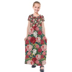 Roses Repeat Floral Bouquet Kids  Short Sleeve Maxi Dress