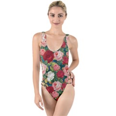 Roses Repeat Floral Bouquet High Leg Strappy Swimsuit