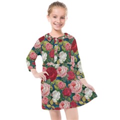 Roses Repeat Floral Bouquet Kids  Quarter Sleeve Shirt Dress