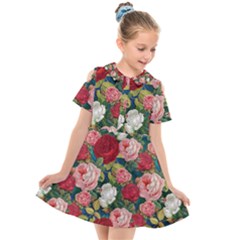 Roses Repeat Floral Bouquet Kids  Short Sleeve Shirt Dress