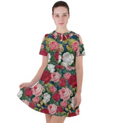 Roses Repeat Floral Bouquet Short Sleeve Shoulder Cut Out Dress 