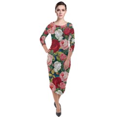 Roses Repeat Floral Bouquet Quarter Sleeve Midi Velour Bodycon Dress