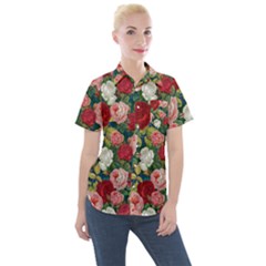 Roses Repeat Floral Bouquet Women s Short Sleeve Pocket Shirt