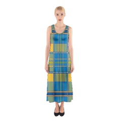 Plaid Tartan Scottish Blue Yellow Sleeveless Maxi Dress