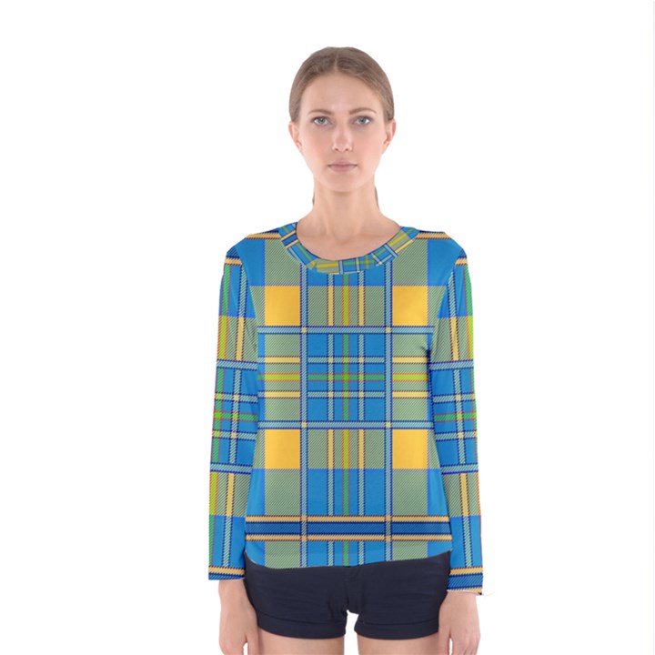 Plaid Tartan Scottish Blue Yellow Women s Long Sleeve Tee