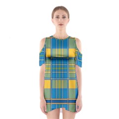 Plaid Tartan Scottish Blue Yellow Shoulder Cutout One Piece Dress