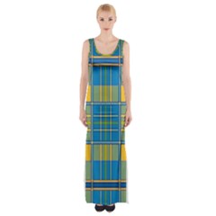 Plaid Tartan Scottish Blue Yellow Maxi Thigh Split Dress