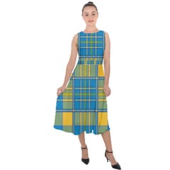 Plaid Tartan Scottish Blue Yellow Midi Tie-back Chiffon Dress