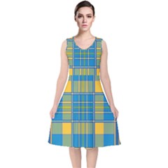 Plaid Tartan Scottish Blue Yellow V-neck Midi Sleeveless Dress 