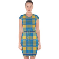 Plaid Tartan Scottish Blue Yellow Capsleeve Drawstring Dress 