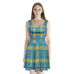 Plaid Tartan Scottish Blue Yellow Split Back Mini Dress 