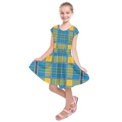 Plaid Tartan Scottish Blue Yellow Kids  Short Sleeve Dress by Nexatart