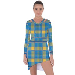 Plaid Tartan Scottish Blue Yellow Asymmetric Cut-out Shift Dress