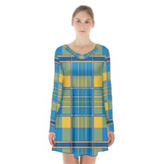 Plaid Tartan Scottish Blue Yellow Long Sleeve Velvet V-neck Dress