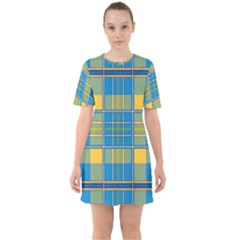 Plaid Tartan Scottish Blue Yellow Sixties Short Sleeve Mini Dress