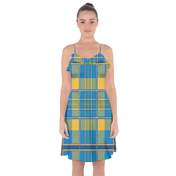 Plaid Tartan Scottish Blue Yellow Ruffle Detail Chiffon Dress