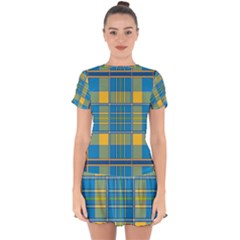 Plaid Tartan Scottish Blue Yellow Drop Hem Mini Chiffon Dress by Nexatart